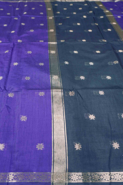 Violet Semi Maheswari Cotton Sampada Puspa Butta Contrast Pallu Saree