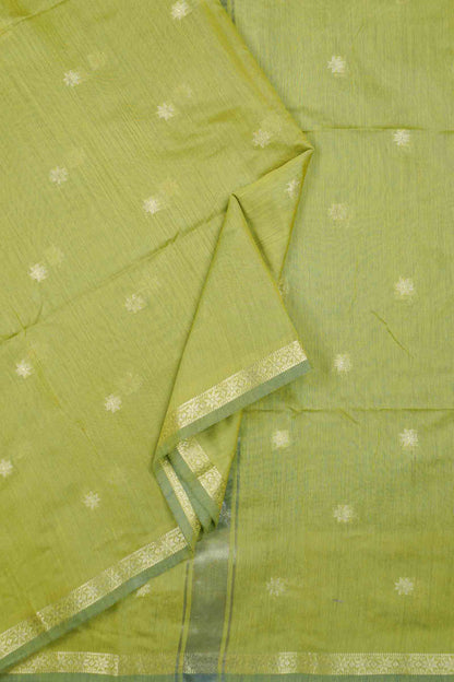 Light Olive Green Semi Maheswari Cotton Sampada Puspa Butta Contrast Pallu Saree