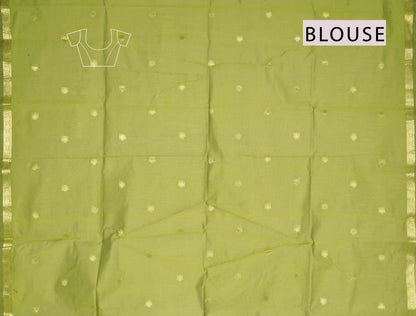 Light Olive Green Semi Maheswari Cotton Sampada Puspa Butta Contrast Pallu Saree
