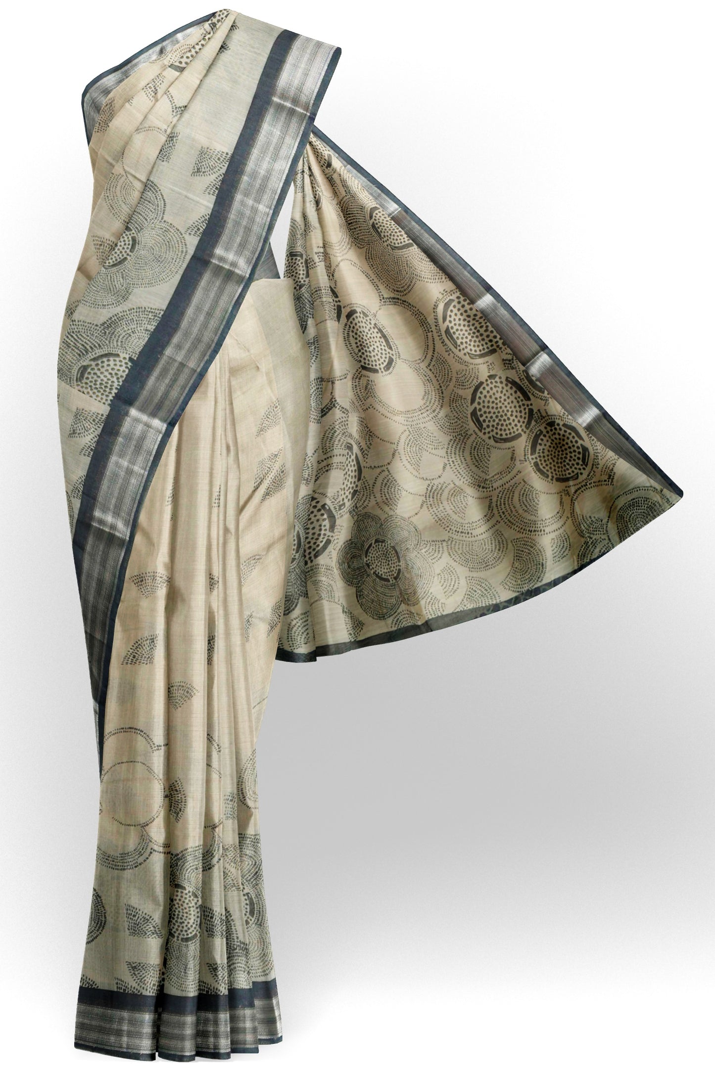 Black - Off White Printed Cotton Modern Art Floral Rings Jute Finish Saree