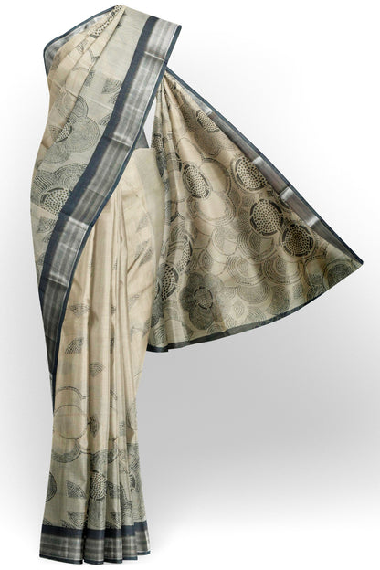 Black - Off White Printed Cotton Modern Art Floral Rings Jute Finish Saree