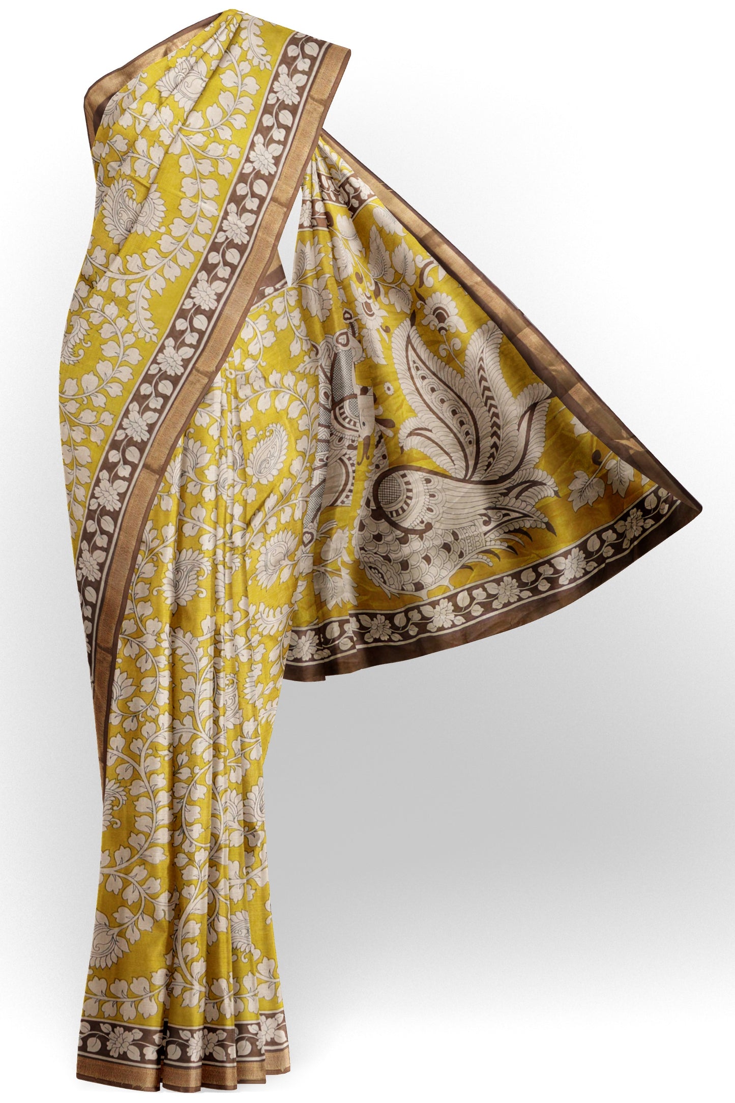 Mustured Yellow Printed Cotton Summer Vines Kalamkari Pallu Zari Border Saree