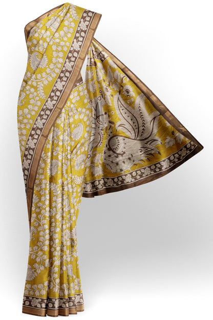 Mustured Yellow Printed Cotton Summer Vines Kalamkari Pallu Zari Border Saree