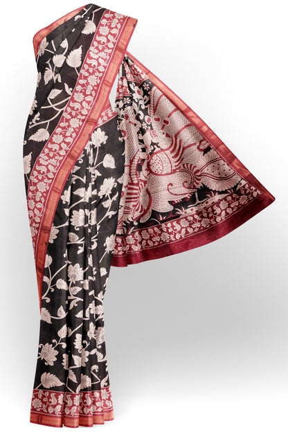 Black Printed Cotton Foliage Prints Kalamkari Inspired Pallu Zari Border Saree