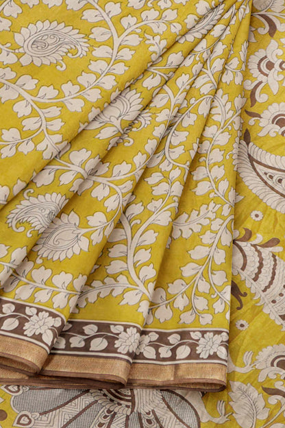 Mustured Yellow Printed Cotton Summer Vines Kalamkari Pallu Zari Border Saree