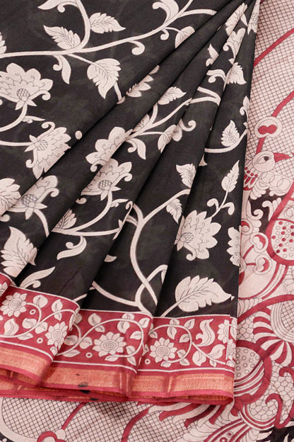 Black Printed Cotton Foliage Prints Kalamkari Inspired Pallu Zari Border Saree