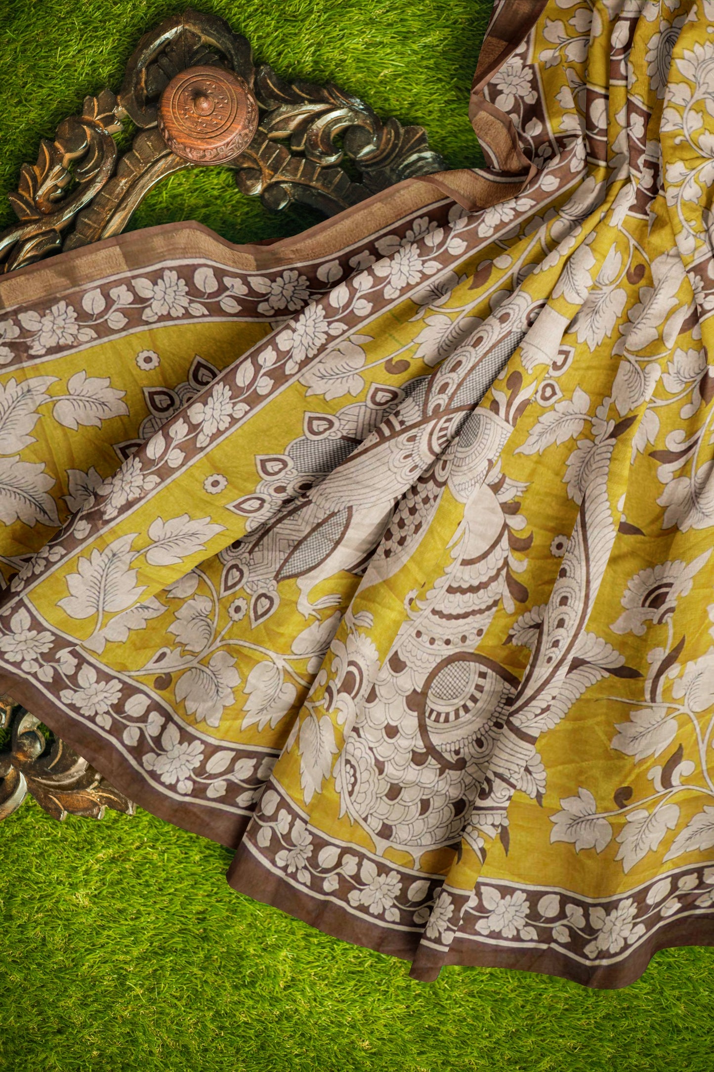 Mustured Yellow Printed Cotton Summer Vines Kalamkari Pallu Zari Border Saree