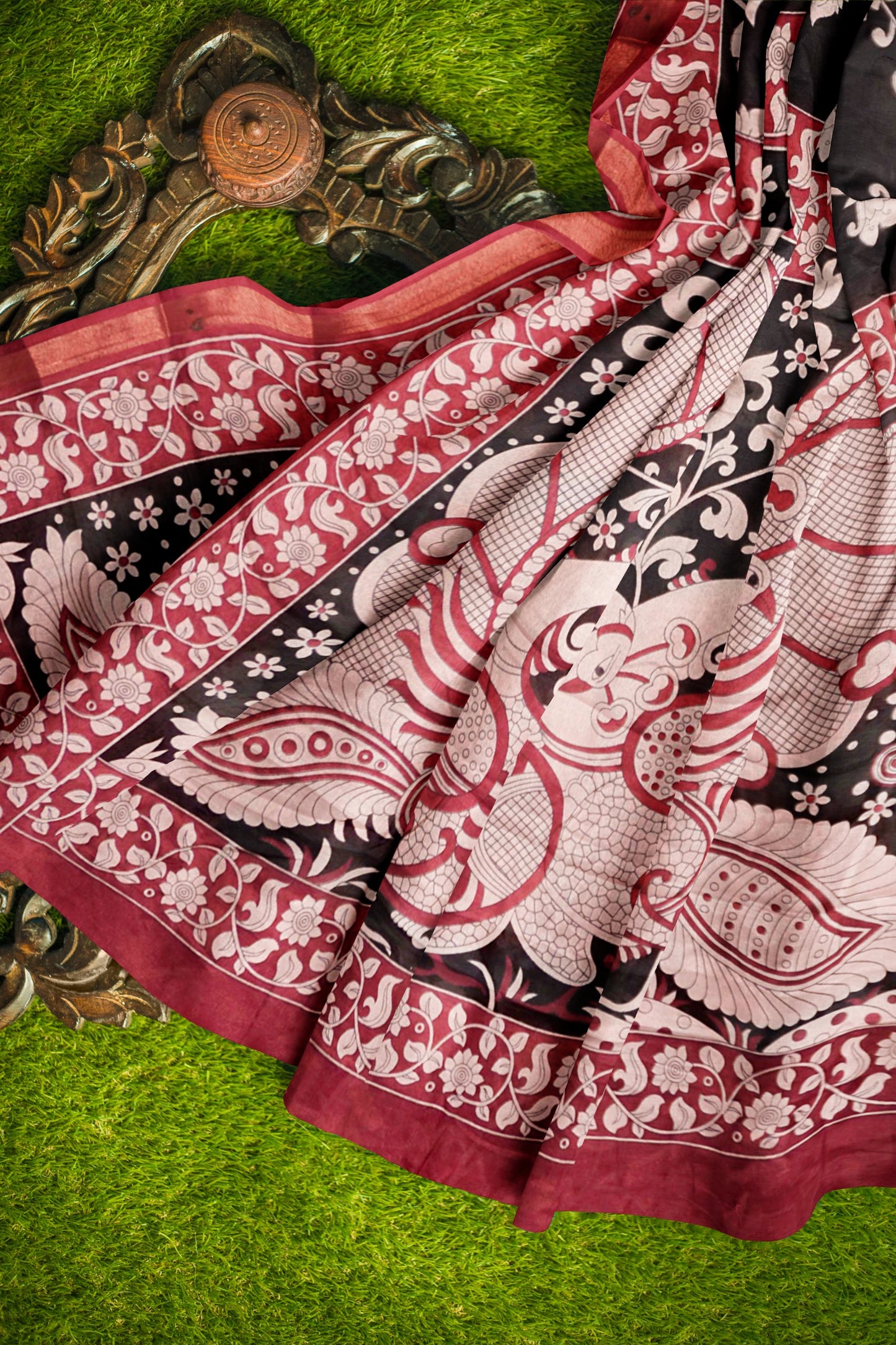 Black Printed Cotton Foliage Prints Kalamkari Inspired Pallu Zari Border Saree