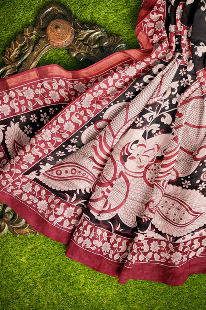 Black Printed Cotton Foliage Prints Kalamkari Inspired Pallu Zari Border Saree