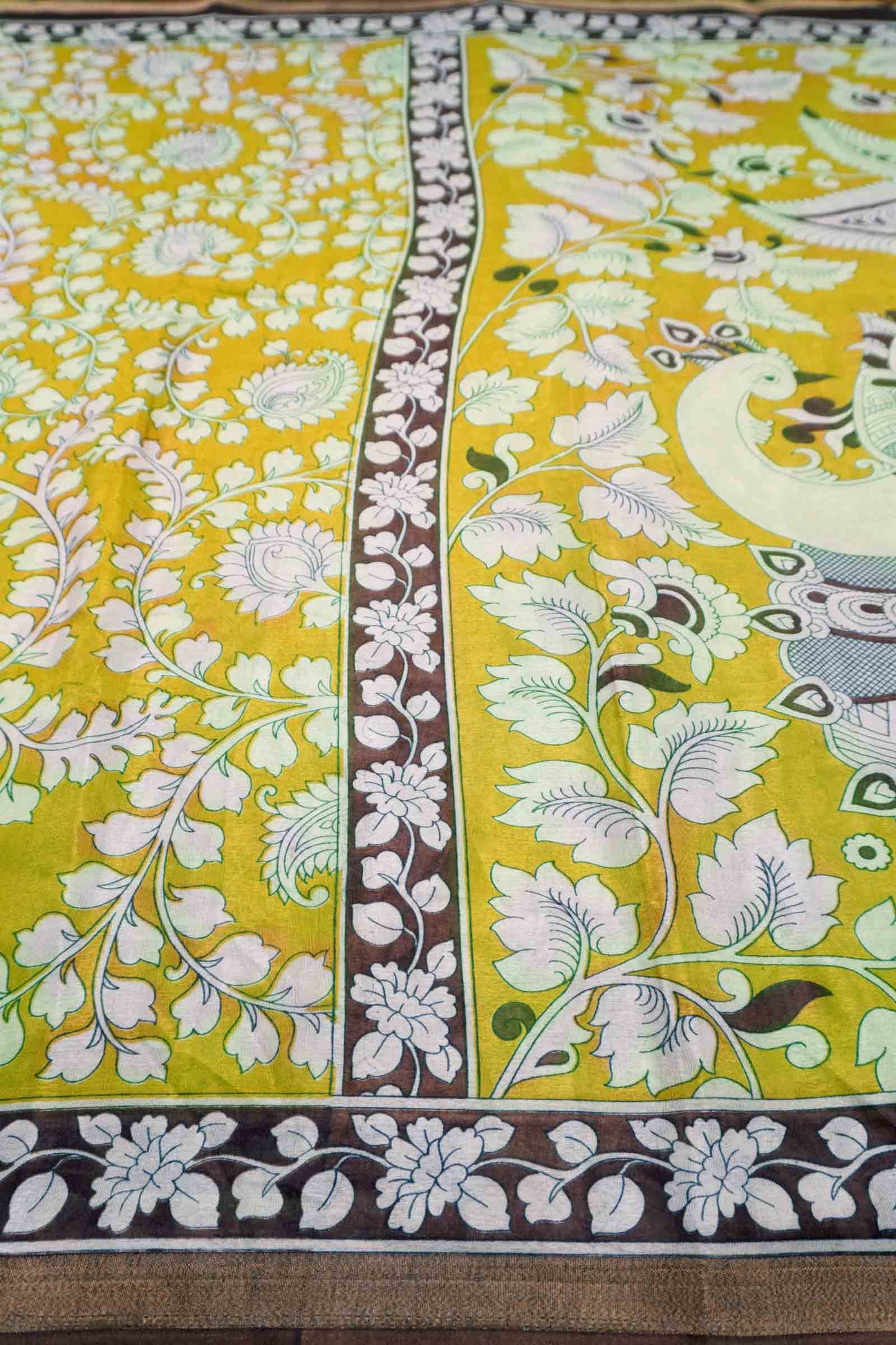Mustured Yellow Printed Cotton Summer Vines Kalamkari Pallu Zari Border Saree
