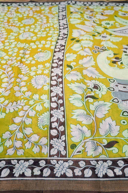 Mustured Yellow Printed Cotton Summer Vines Kalamkari Pallu Zari Border Saree