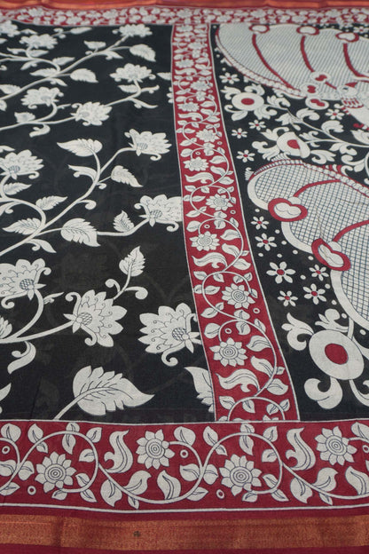 Black Printed Cotton Foliage Prints Kalamkari Inspired Pallu Zari Border Saree