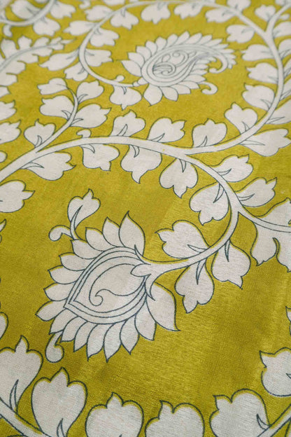 Mustured Yellow Printed Cotton Summer Vines Kalamkari Pallu Zari Border Saree