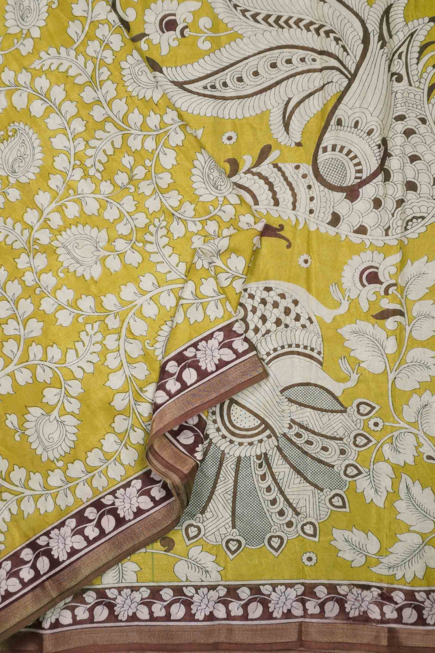 Mustured Yellow Printed Cotton Summer Vines Kalamkari Pallu Zari Border Saree