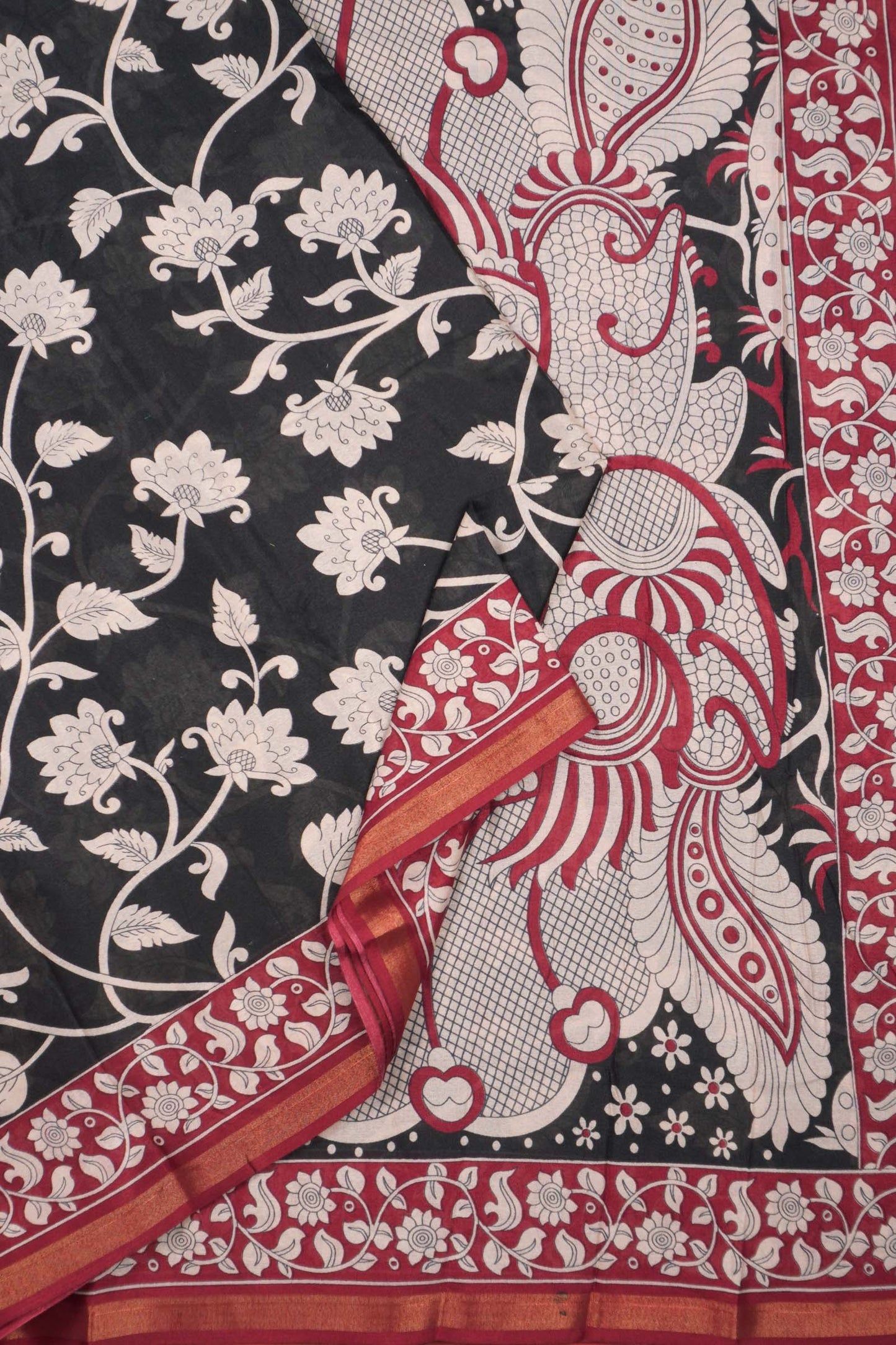 Black Printed Cotton Foliage Prints Kalamkari Inspired Pallu Zari Border Saree