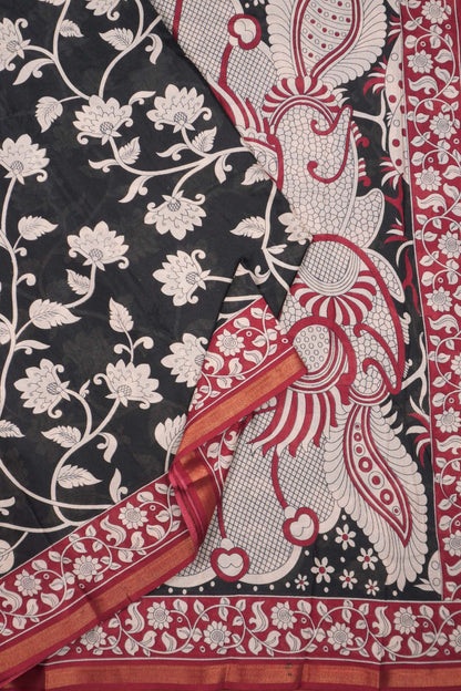 Black Printed Cotton Foliage Prints Kalamkari Inspired Pallu Zari Border Saree
