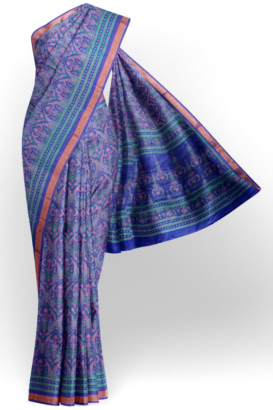 Royal Violet Printed Malai Cotton Rich Florals Zari Border Saree