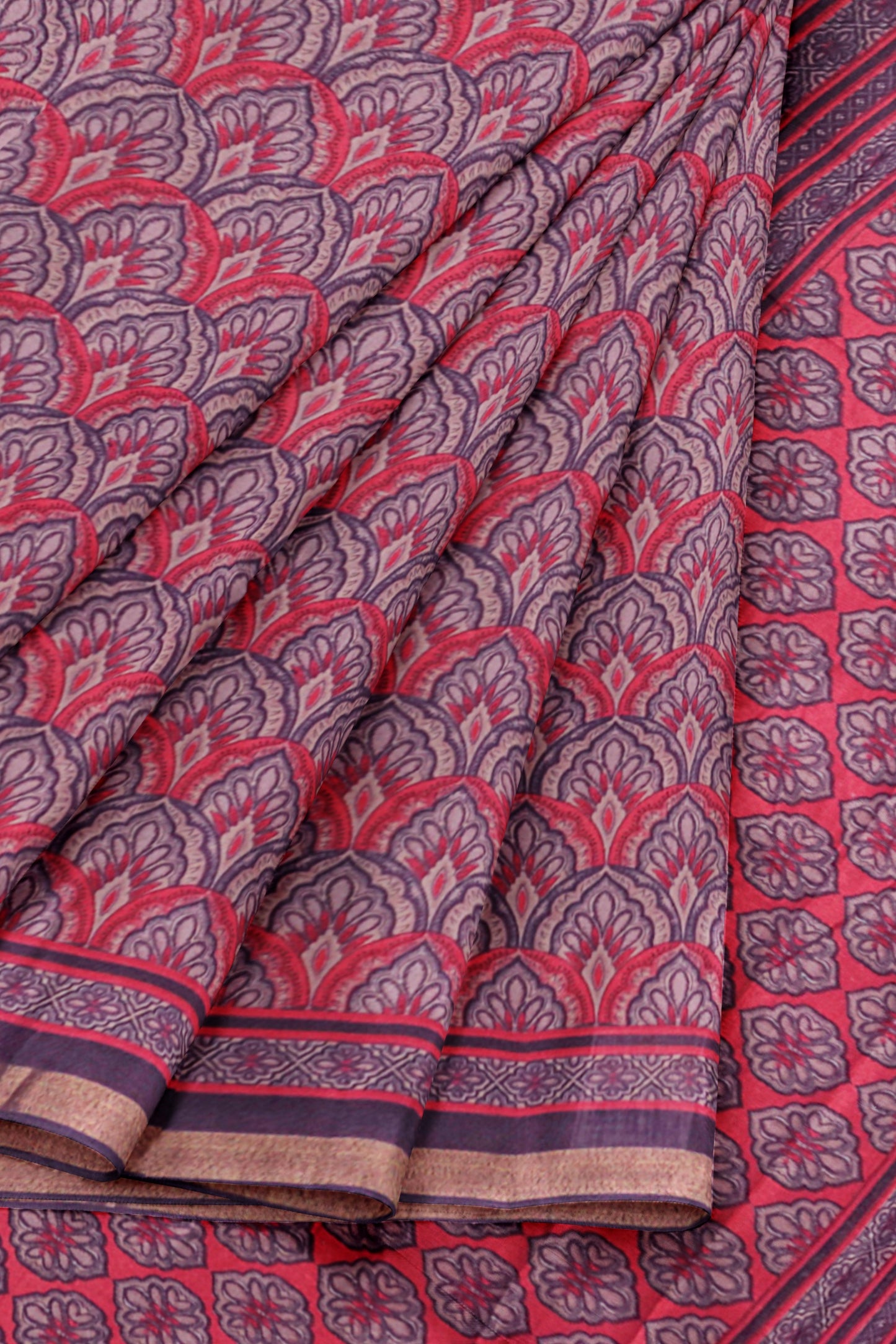 Red With Black Printed Malai Cotton Flames of Forest Zari Border Saree