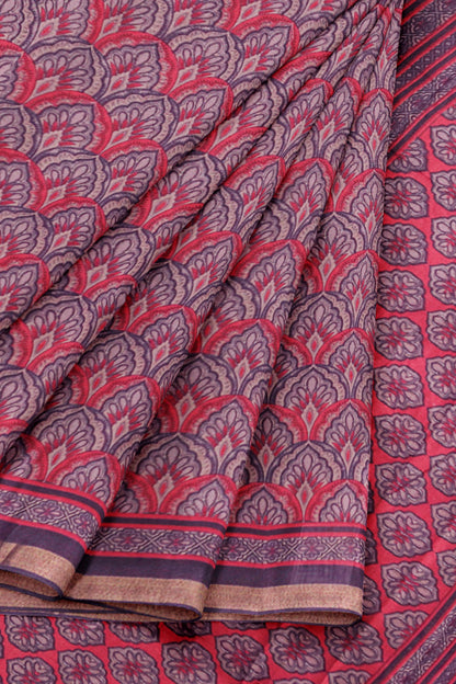 Red With Black Printed Malai Cotton Flames of Forest Zari Border Saree