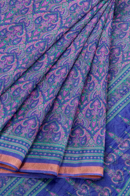 Royal Violet Printed Malai Cotton Rich Florals Zari Border Saree