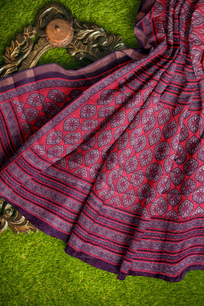 Red With Black Printed Malai Cotton Flames of Forest Zari Border Saree
