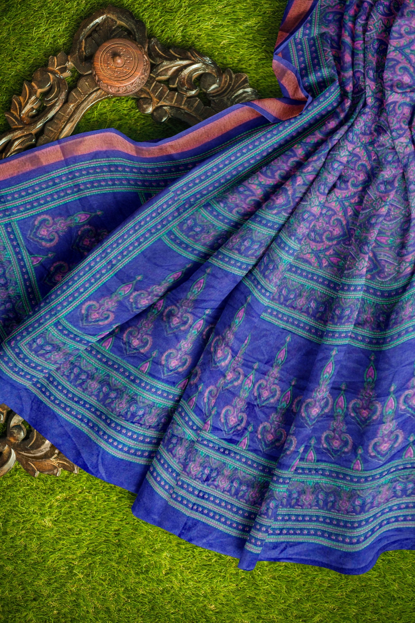 Royal Violet Printed Malai Cotton Rich Florals Zari Border Saree