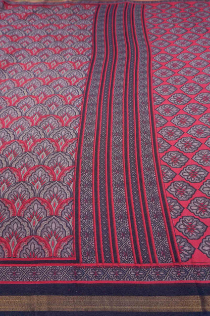 Red With Black Printed Malai Cotton Flames of Forest Zari Border Saree