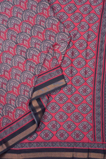 Red With Black Printed Malai Cotton Flames of Forest Zari Border Saree