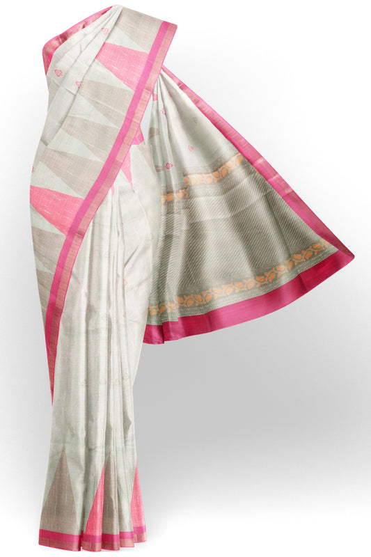 Off White With Pink Printed Cotton Temple Border Butta Saree