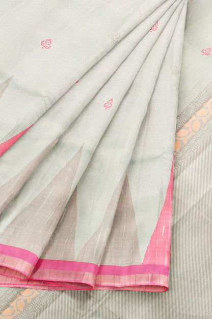 Off White With Pink Printed Cotton Temple Border Butta Saree
