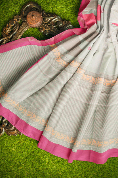Off White With Pink Printed Cotton Temple Border Butta Saree
