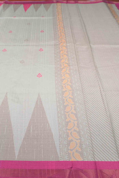 Off White With Pink Printed Cotton Temple Border Butta Saree