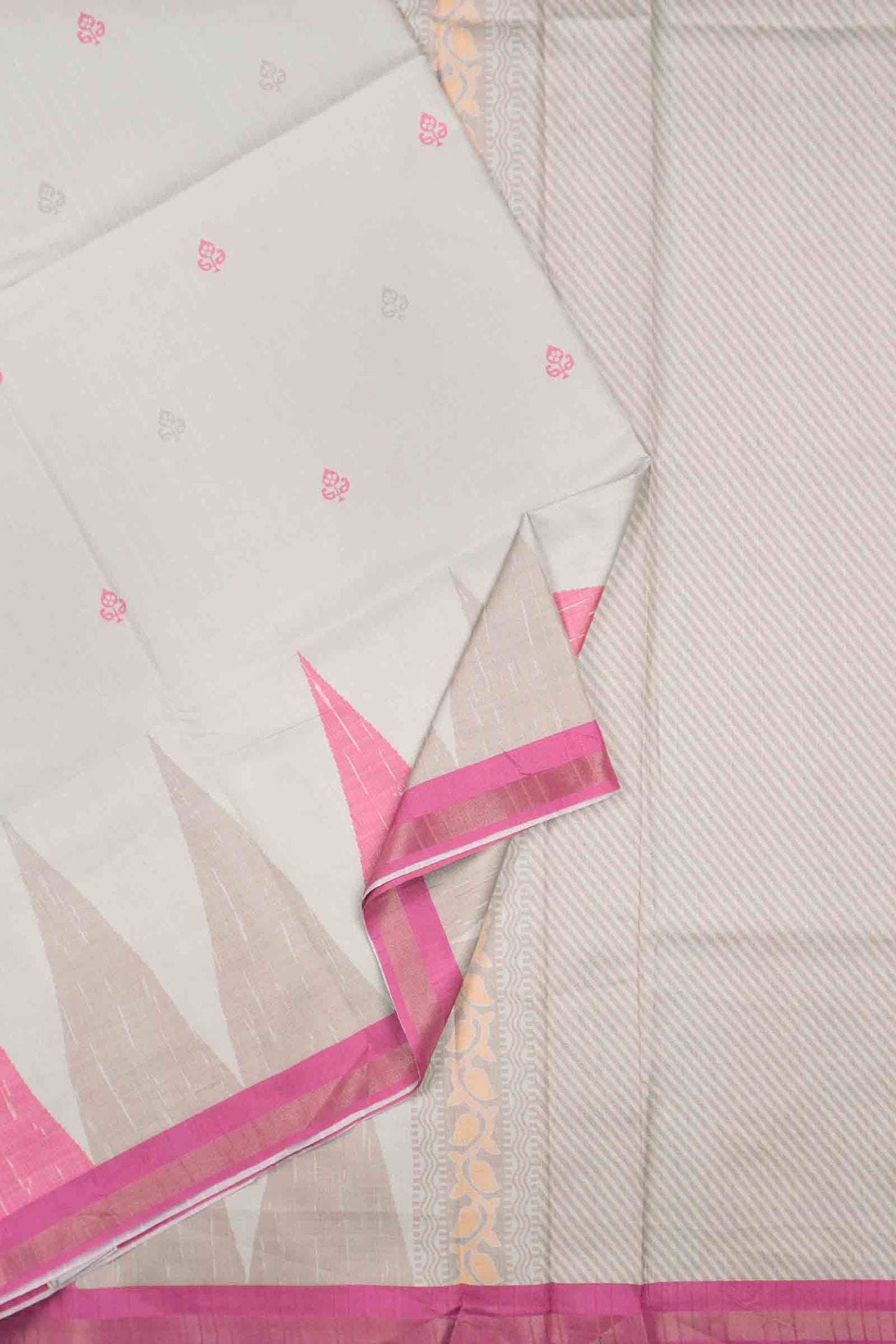Off White With Pink Printed Cotton Temple Border Butta Saree