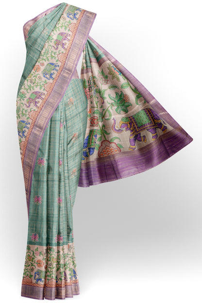 Green Printed Cotton Elephant Parade Border  Zari Checks Saree