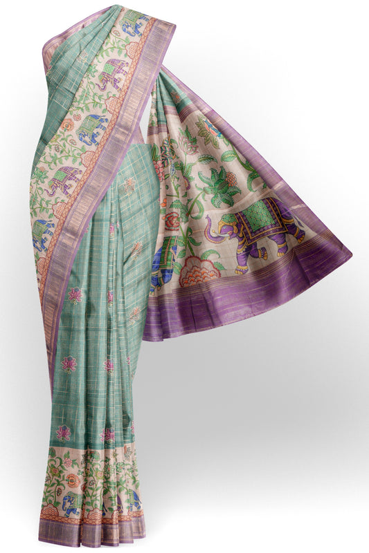 Green Printed Cotton Elephant Parade Border  Zari Checks Saree