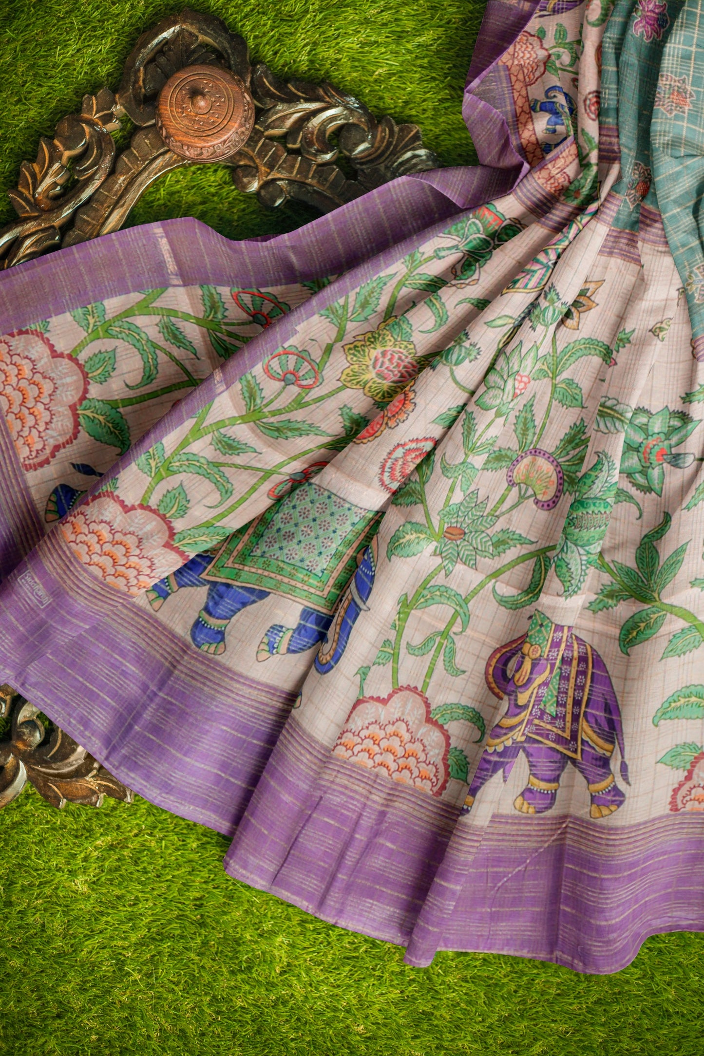 Green Printed Cotton Elephant Parade Border  Zari Checks Saree