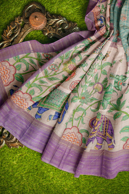 Green Printed Cotton Elephant Parade Border  Zari Checks Saree