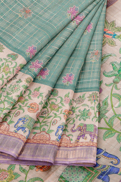 Green Printed Cotton Elephant Parade Border  Zari Checks Saree