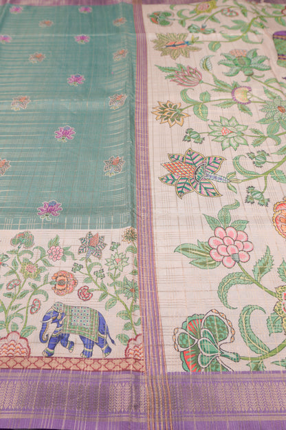 Green Printed Cotton Elephant Parade Border  Zari Checks Saree