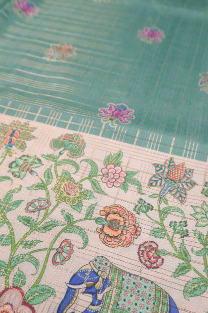 Green Printed Cotton Elephant Parade Border  Zari Checks Saree