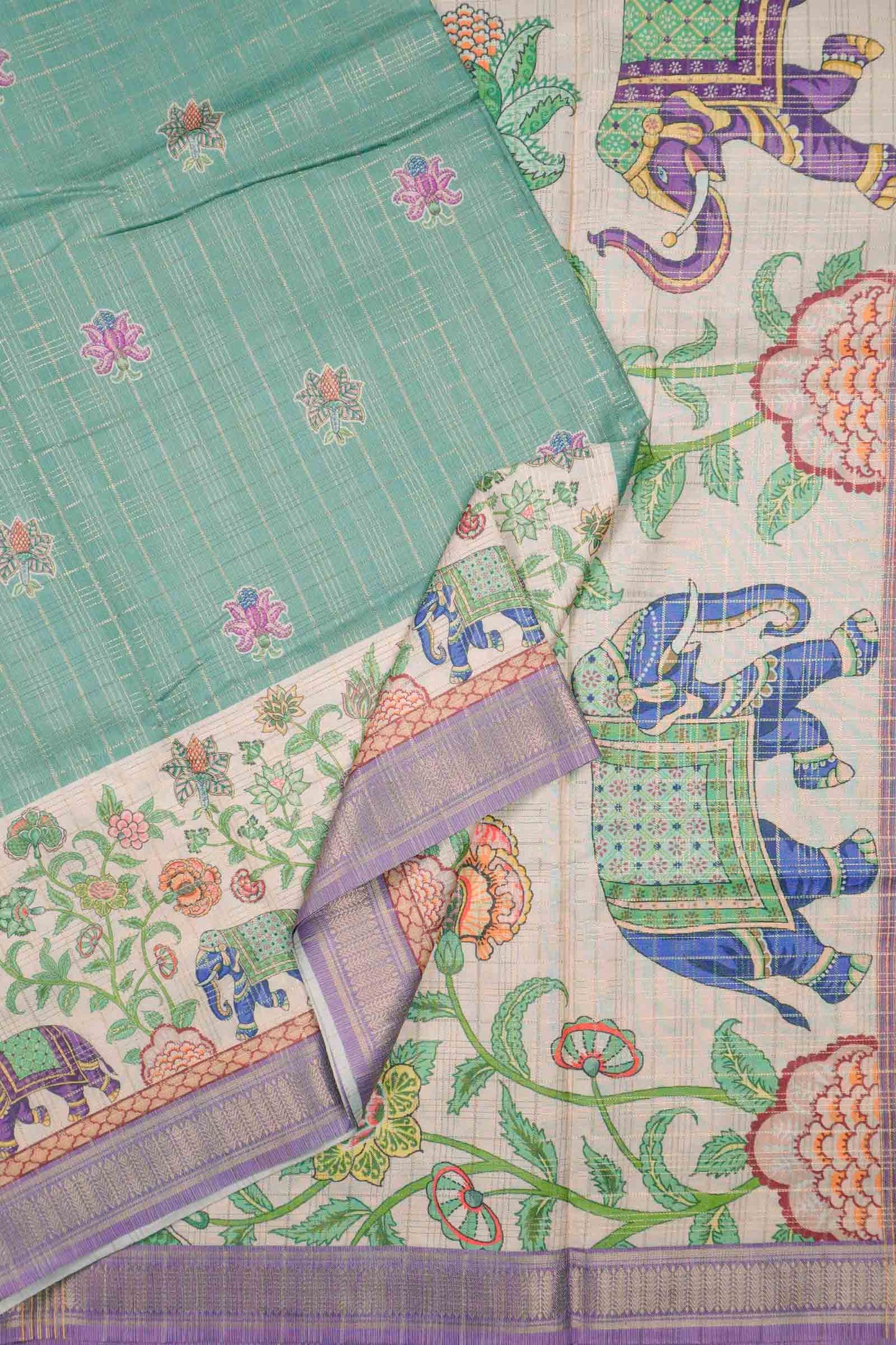 Green Printed Cotton Elephant Parade Border  Zari Checks Saree