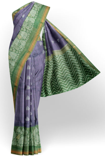 Violet Printed Cotton Foliage Border Zari Border Saree
