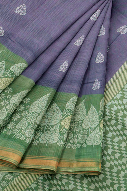 Violet Printed Cotton Foliage Border Zari Border Saree