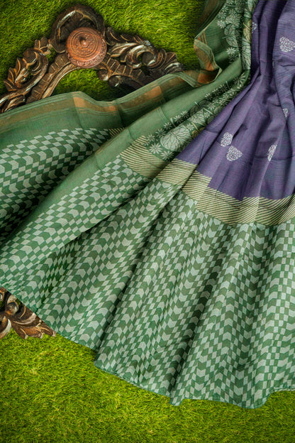 Violet Printed Cotton Foliage Border Zari Border Saree