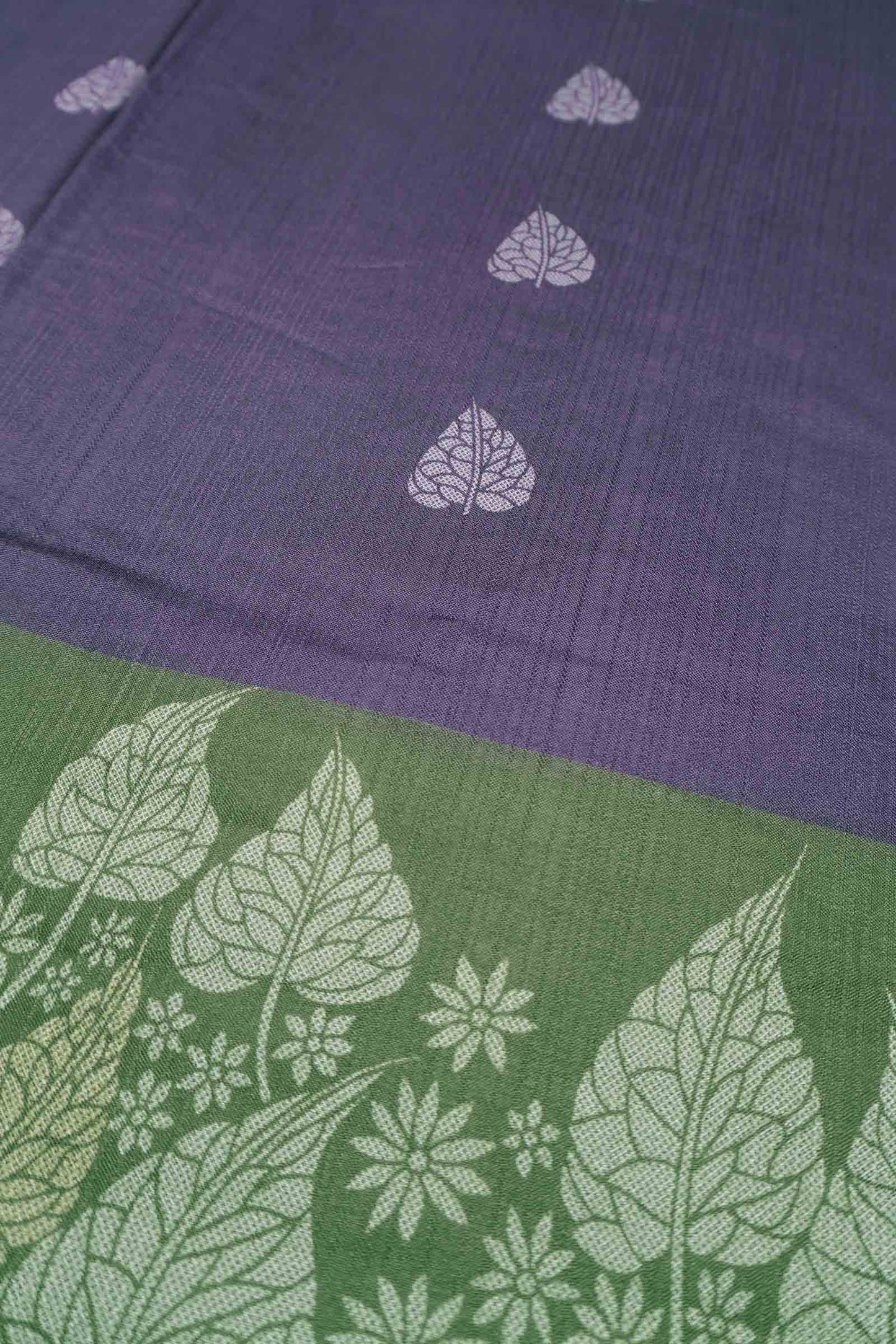 Violet Printed Cotton Foliage Border Zari Border Saree