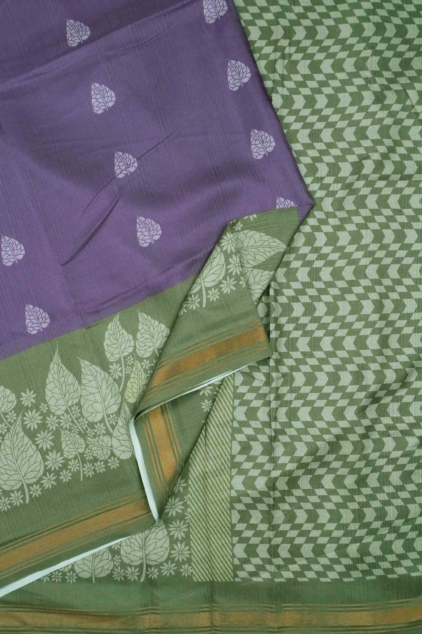 Violet Printed Cotton Foliage Border Zari Border Saree