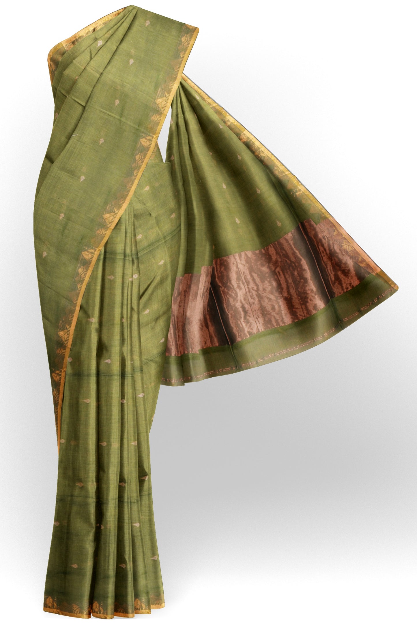 Green Soft Bengal Cotton Mini Tilaka Butta Block Zari Pallu Saree