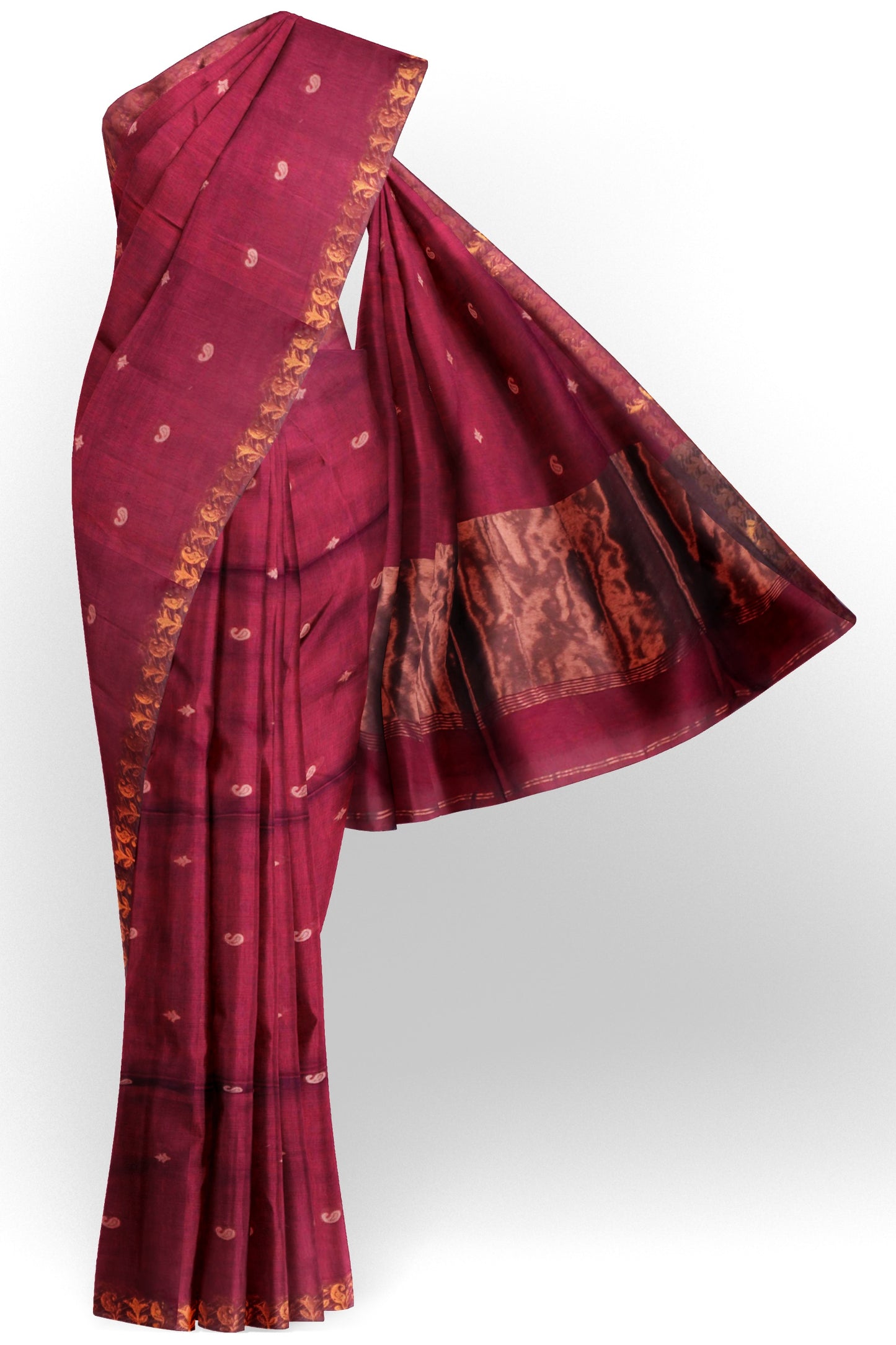 Dark Maroon Soft Bengal Cotton Mini Paisely Butta Block Zari Pallu Saree