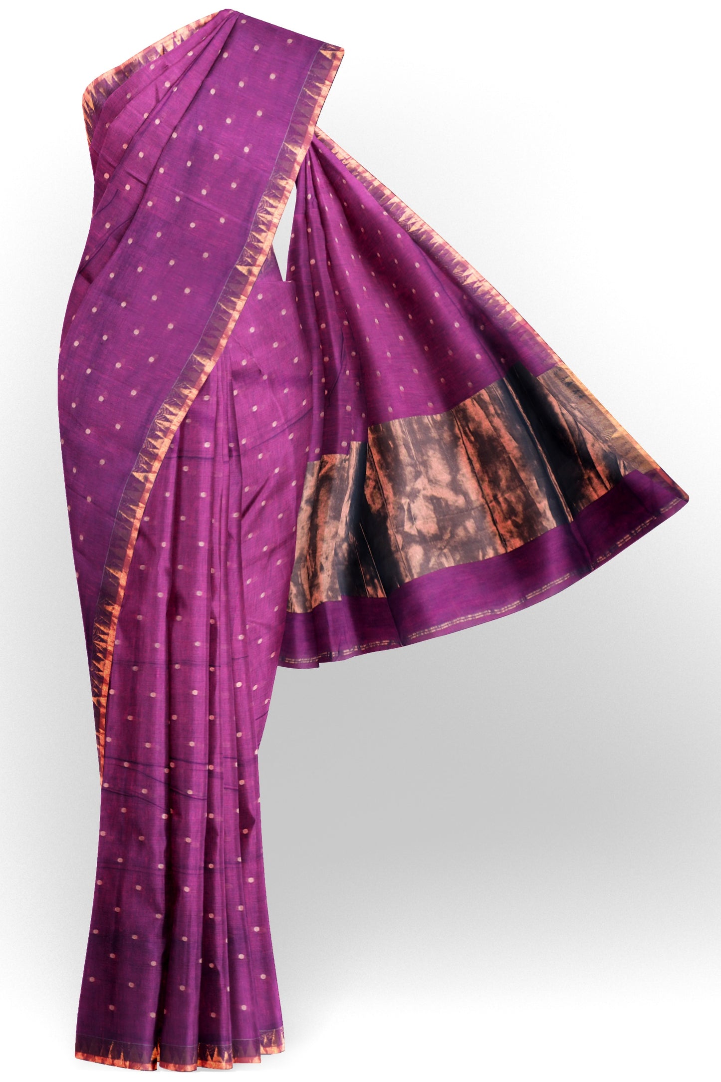 VioletSoft Bengal Cotton Mini Polka Butta Block Zari Pallu Saree
