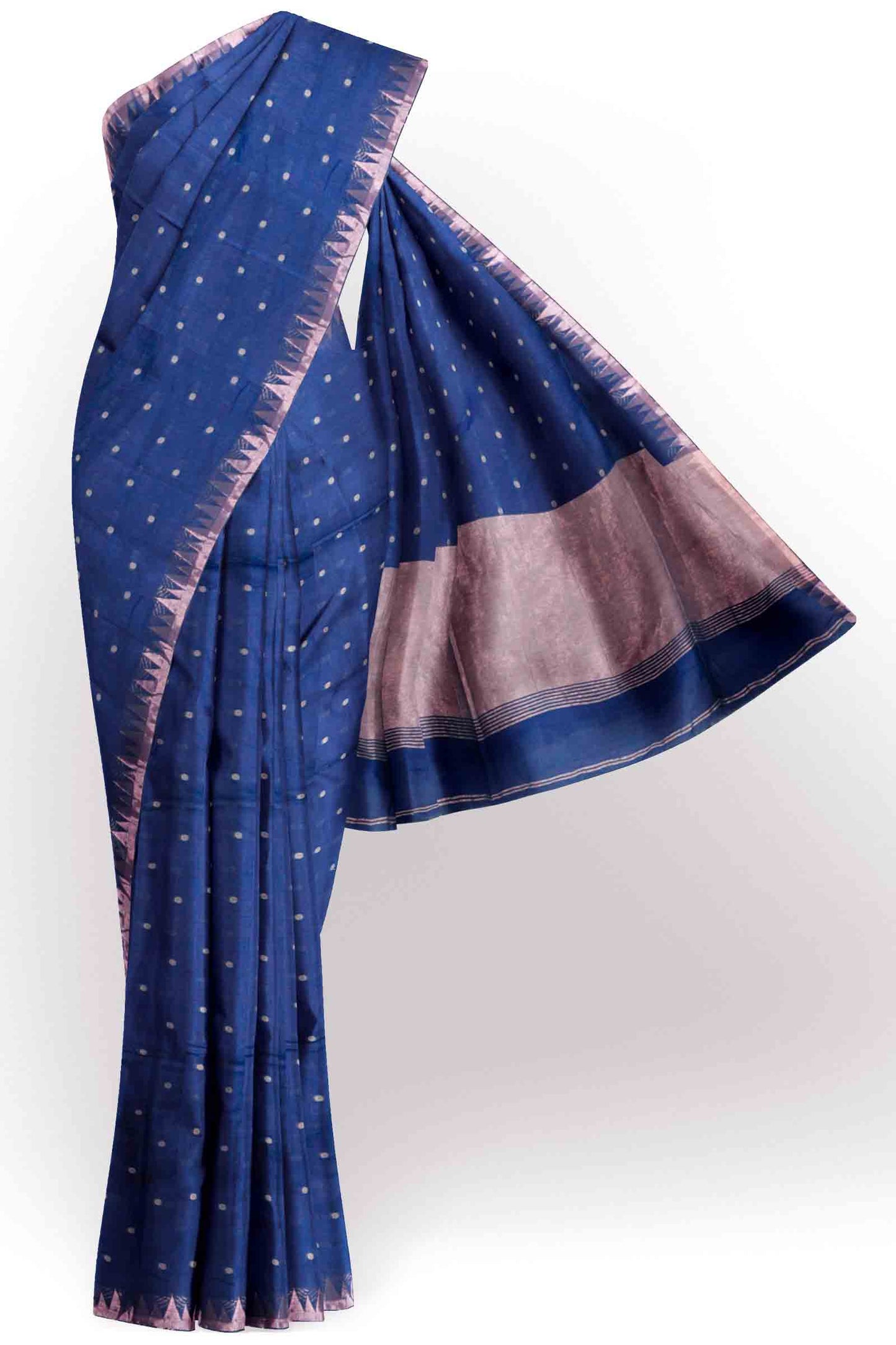 Navy Blue Soft Bengal Cotton Mini Polka Butta Block Temple Border Zari Pallu Saree
